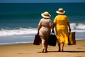 Two plus size overweight sisters twins women happy and proud of their bodies walking at the beach on summer holidays Royalty Free Stock Photo