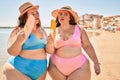 Two plus size overweight sisters twins women using handfan at beach on hoy day of summer