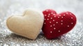 Two plush hearts together on a glittering background Royalty Free Stock Photo