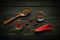 Two pods of red chili peppers and dry spices with coriander in a spoon on a dark vintage table prepared by the chef to add to food Royalty Free Stock Photo