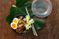 Two poke bowl fried rice chicken meat eggs box top view Asian take away food Royalty Free Stock Photo