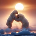 Two polar bears fight on cold ice sheet in morning sun Royalty Free Stock Photo