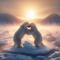 Two polar bears fight on cold ice sheet in morning sun Royalty Free Stock Photo