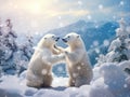 two polar bears opposite each other against the backdrop of a mountain and snow-covered fir trees Royalty Free Stock Photo