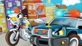 Two police friends on the street motorcycle and car - keeping safe - guarding - talking - illustration for children