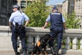 Two police men with a police dog obeying the demonstration at Urania in ZÃÂ¼rich city Royalty Free Stock Photo