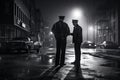 Two police officers shaking hands in a foggy city at night, policemen standing on the street corner overlooking a crime scene, Royalty Free Stock Photo