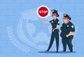 Two Police Women Holding Stop Sign Wearing Uniform Female Guards On Blue Bricks Background Royalty Free Stock Photo