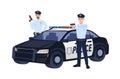 Two policemen or cops in uniform standing near car, holding guns and aiming them at someone. Police operation. Flat Royalty Free Stock Photo