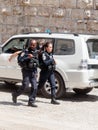 Two policemen patrol the streets in the old city of Jerusalem, Israel.