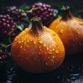 two pomegranates with drops of water on them Royalty Free Stock Photo