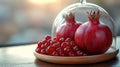 Two pomegranates and red currants under glass dome Royalty Free Stock Photo