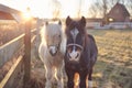 two pony horse with beautiful mane, light bright photo. Royalty Free Stock Photo