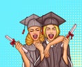 Two pop art excited girls graduate student in a graduation cap and mantle with a university diploma in their hands