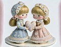 Two Porcelain Figurines Of Young Girls In Decorative Dresses Holding A Heart, Adorned With Flowers