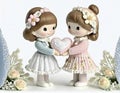 Two Porcelain Figurines Of Young Girls In Decorative Dresses Holding A Heart, Adorned With Flowers