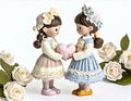 Two Porcelain Figurines Of Young Girls In Decorative Dresses Holding A Heart, Adorned With Flowers