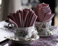 Two Porcelain Tea Cups with Pink Napkins