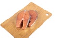 Two portioned salmon steaks on a wooden cutting board over a white background.