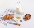 Blue cheese, two portions with bread, milk and walnuts Royalty Free Stock Photo