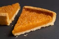 Two portions of treacle tart on black slate Royalty Free Stock Photo