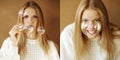 Two portraits of funny fashinable girl with soap bubbles Royalty Free Stock Photo