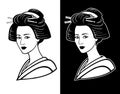 Two portraits of the young Japanese girl an ancient hairstyle. Black and white option.