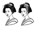 Two portraits of the young Japanese girl an ancient hairstyle. Geisha, maiko, princess.