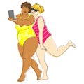 Two funny elderly ladies in bright swimsuits take selfie on the beach vector illustration.Modern elderly people