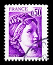 Two postage stamps printed in France shows Sabine, 0.50 French franc, serie, circa 1978