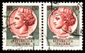 Two postage stamps printed in Italy shows Coin of Syracuse, 130 - Italian lira, serie, circa 1966