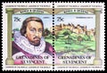 Two postage stamps printed in Saint Vincent Grenadines shows King James I, Edinburgh Castle, British Monarchs serie, circa 1983