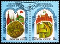 Two postage stamps printed in Soviet Union devoted to Soviet-Indian Festival, serie, circa 1985