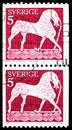 Two postage stamps printed in Sweden shows Horse, Gottland Picture Stones serie, circa 1973