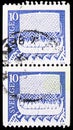 Two postage stamps printed in Sweden shows Viking longship, Gottland Picture Stones serie, circa 1973