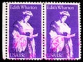 Two postage stamps printed in United States shows Edith Wharton (1862~1937), novelist, Literary Arts Series serie, circa 1980