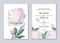Two postcard designs with wedding invitation template and white peony flowers. Royalty Free Stock Photo
