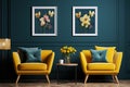 Two posters on dark teal wall, yellow chairs and flowers in interior design Royalty Free Stock Photo