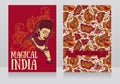 Two posters for magical india with beautiful indian woman in traditional saree and paisley ornament