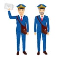 Two postmen with bags posing