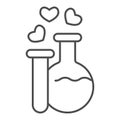 Two potions thin line icon. Flask and tube with elixir and hearts bubbles symbol, outline style pictogram on white Royalty Free Stock Photo