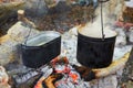 Two pots above the fire. Royalty Free Stock Photo