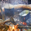Two pots above the fire. Royalty Free Stock Photo