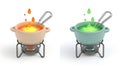 Two pots of bubbling liquid one orange and one green with spoons Royalty Free Stock Photo