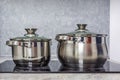Two pots are on an electric or induction hob Royalty Free Stock Photo