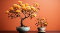 Captivating Floral Still Lifes: Bonsai Trees On Orange Background