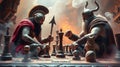 Epic chess match between a Spartan warrior and a Viking. Ancient battleground setting, dramatic lighting Royalty Free Stock Photo