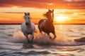 Two powerful horses gallop side by side, their hooves kicking up droplets of water as the sun sets, Two beautiful horses gallop at