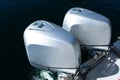 Two powerful outboard engines on the boat. Calm clear water