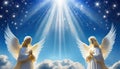 Two praying angels with rays of light over blue sky with stars with copy space in center Royalty Free Stock Photo